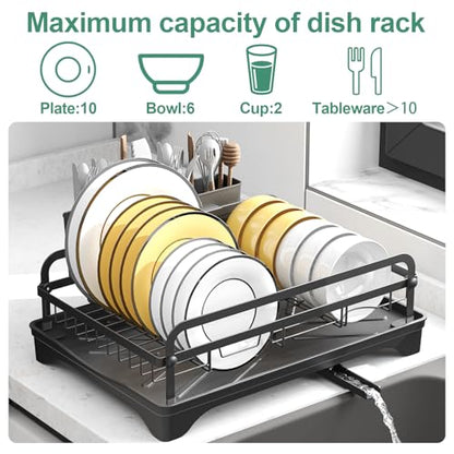 Dish Drying Rack for Kitchen Counter, Large Dish Drying Rack with Utensil Holder & Cutlery Tray, Dish Drainer with Drainboard, Black