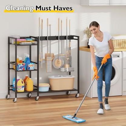 Broom Holder with Cleaning Supplies Organizer, Movable Broom Closet Storage Cabinet with Cleaning Caddy, Cleaning Cart with Mop Rack, Janitorial Housekeeping Cart on Wheels, Laundry Room Organization