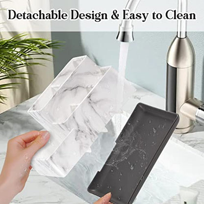 Detachable Toothbrush and Toothpaste Holder for Bathroom Countertop | Large Bathroom Organizer Storage Anti-Slip for Shower, Kitchen, Kids, Family, Multifunction Toothbrush Holders Marble Silver