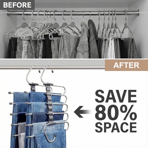 Pants Hangers Space Saving, 5 Tier Jeans Hanger for Closet, Black Multiple Heavy Duty Stainless Steel Pant Rack for Trousers, Legging with 20 Clips (4 Pack)