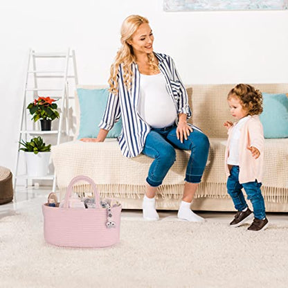XUANGUO Pink Cotton Rope Baby Diaper Caddy Organizer Basket for Girls | Nursery Storage Bin, Portable Baby Tote Bag for Changing Table or Car, Baby Shower Gifts Bag, Newborn Essentials, Registry