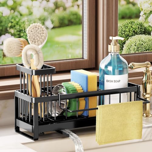 SWTYMIKI Sponge Holder for Kitchen Sink - Sink Caddy with Brush Holder Self-draining Sponge Caddy Organizer with Divider Stainless Steel Kitchen Accessories Storage for Countertop, Black