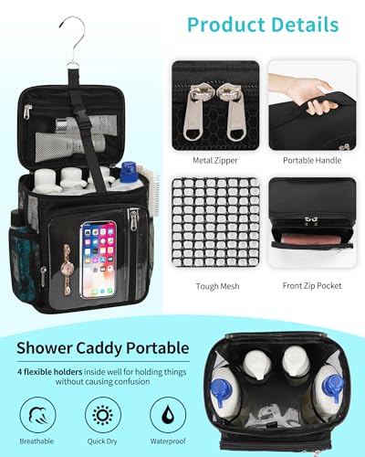Hanging Shower Caddy Portable Bag - Quick Dry Shower Tote for Dorm College Essentials, Water-Resistant Travel Toiletry Bag with Separate Compartment & Multiple Pockets (Black, M)
