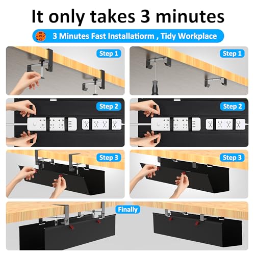 Under Desk Cable Management Tray - Under Desk Cord Management - Clamp/Screw Mount - Fabric Wire Management - Cable Raceways Tray Cord Hiders for Office/Home (Black, 35.8"×5.6")