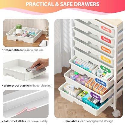 Rolling Cart with 8 Drawers for Art, Dorm, Office, Craft, White | Utility Cart Organizer With 8 Removable Drawers and Wooden Tabletop, Lockable Rolling Storage Organizer for Classroom, Home