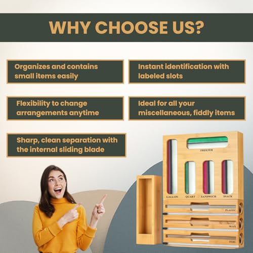 KALUHA Bamboo Food Storage Bag Organizer 9-in-1 | Gallon Quart Sandwich Snack Bag Holder for Kitchen Drawer | Aluminum Foil Plastic Wrap Wax Paper Dispenser | Kitchen Cabinet Storage Organization