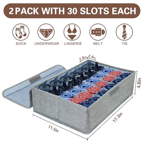 Gray Sock Organizer Divider 2 Pack with Lid - 30 Cell Foldable Closet Storage, Tie Organizer For Men Boxes for Socks, Ties, Belts