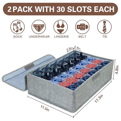 Gray Sock Organizer Divider 2 Pack with Lid - 30 Cell Foldable Closet Storage, Tie Organizer For Men Boxes for Socks, Ties, Belts