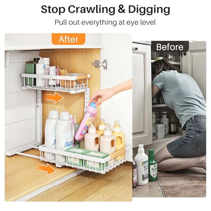 PXRACK Under Sink Organizer, Adjustable Height, 2 Tier Pull Out Under Cabinet Organizer, Slide Out Thickened Metal Under Sink Storage for Kitchen Bathroom Laundry Pantry Cabinet, White, Large-2-Pack