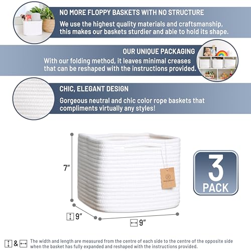 Storage Cubes 9”x9”x7”Cotton Rope Woven Baskets for Organizing 3-Pack | 9 Inch Cube Storage Bin | Small Basket for Shelf Nursery, Pantry, Decorative Plant, Bathroom Closet, Toy Gift
