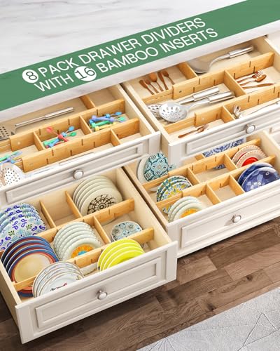 kiplant Kitchen Drawer Dividers - Adjustable Drawer Organizer for Clothes, Kitchen, Closet & Office - 8 Pack with Inserts, 18-22.6 Inches, Non-Slip Silicone Ends
