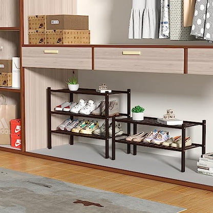 ROMGUAR CRAFT 3 Tier Bamboo Shoe Rack for Closet Free Standing Wood Shoe Shelf for Entryway Small Space Stackable 27"x11"x20" (Brown)