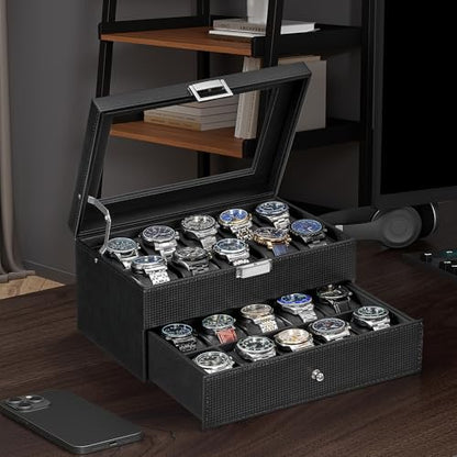 BEWISHOME Watch Case, 20-Slot Watch Box Organizer with Large Glass Lid | Watch Cases for Men with Removable Watch Pillows, Synthetic Leather, Watch Storage Box, Watch Display Case, Black SSH04C