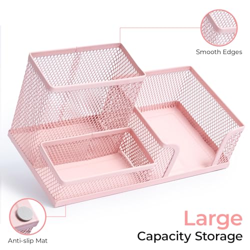 M&G Mesh Pen Holder Desk Organizers Pencil Holder for Desk Pink, 3 Compartments Metal Office Supply Organizer with Sticky Notes Holder for Home Office