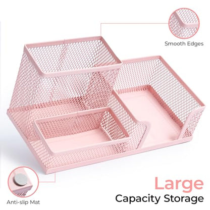M&G Mesh Pen Holder Desk Organizers Pencil Holder for Desk Pink, 3 Compartments Metal Office Supply Organizer with Sticky Notes Holder for Home Office