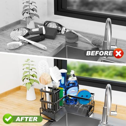 Large Sponge Holder for Kitchen Sink, 90-Degree Sink Caddy Storage | Self Draining Sponge Rack for Countertop, Metal L-Shaped Dish Soap Organizer with Brush Holder, Corner Sink Storage Ideas