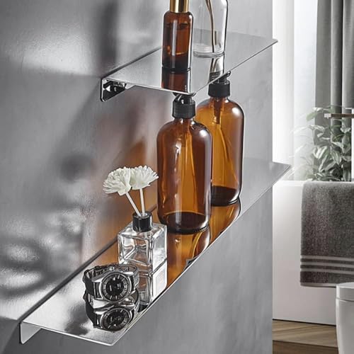 16Inch Stainless Steel Wall Mounted Floating Shelf Drilling or Shelf Adhesive Modern Room Decor Wall Shelf Floating Shelf for Bathroom Bedroom Decor