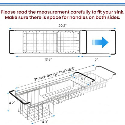 TreeLen Over The Kitchen Sink Caddy Sponge Holder Organizer Drying Rack Expandable for Sponge Brush Soap 13.8" to 20.8", Stainless Steel
