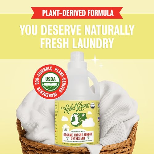 Rebel Green Organic Laundry Detergent, Natural Laundry Soap | Liquid Laundry Detergent with Dispenser Cup, Fresh Peppermint & Lemon Scent, 68 Load Bottles, 2 Pack