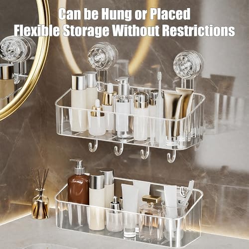 2 Pcs Shower Caddy, Clear Suction Cup Shower Shelves for Bathroom, Kitchen | Acrylic Material, No Drilling Storage Rack, Large, 11.8x4.3x3.9in, Ventilation and Drainage