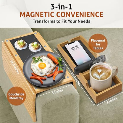 Magnetic Bamboo Couch arm tray - 3 in 1 Detachable Bamboo Sofa Arm Tray Table with Cup Holder - Foldable Non Slip Couch Armrest Table For Remote, Cell-Phone & Drinks, Snacks – Space-Saving,17.6"x13.3"