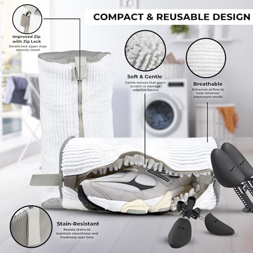 Shoe Washing Machine Bag - 360° Deep Cleaning White Laundry Shoe Bag for Washer and Dryer With Adjustable Shoes Trees - 2pc Reusable Shoe Cleaning Bag for Sneaker Tennis Shoes Unstain Cleaner Kit