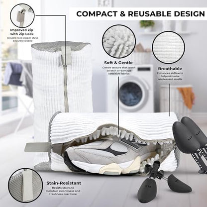 Shoe Washing Machine Bag - 360° Deep Cleaning White Laundry Shoe Bag for Washer and Dryer With Adjustable Shoes Trees - 2pc Reusable Shoe Cleaning Bag for Sneaker Tennis Shoes Unstain Cleaner Kit