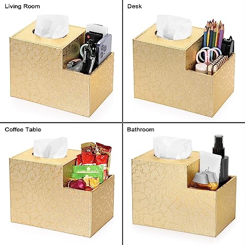 Sumnacon Square Leather Tissue Box Cover - PU Cube Tissue Box Holder with Side Organizer, Decorative Tissue Box for Living Room Vanity Night Stand Desk Countertop Office, Gold