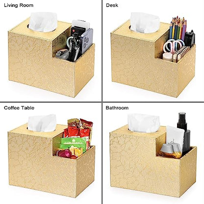 Sumnacon Square Leather Tissue Box Cover - PU Cube Tissue Box Holder with Side Organizer, Decorative Tissue Box for Living Room Vanity Night Stand Desk Countertop Office, Gold