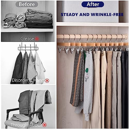 Amber Home 24 Pack Natural Wooden Pants Hangers with Adjustable Clips, 14" | Wood Skirt & Trouser Hangers, Closet Hangers for Bottom, Jeans, Slacks, Shorts