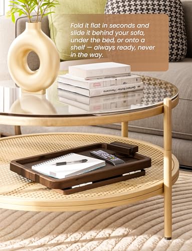15.75" Acacia Couch Armrest Table with Phone Holder, Walnut Color | Acacia Wood, 360° Rotating Phone Holder, Spacious, Clips Securely with Double-hinge Grip, Foldable, Portable, Easy Assembly