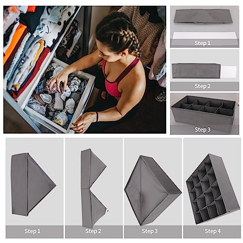 Lourome Underwear Drawer Organizer, 5-Pack, for Socks, Bras, Tie, Grey | Fits Standard 13"+ Dressers, 55 Compartments, Storage Bins for Bedroom, Closet & Bathroom