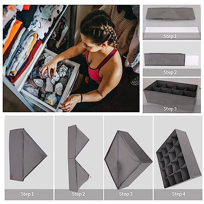 Lourome Underwear Drawer Organizer, 5-Pack, for Socks, Bras, Tie, Grey | Fits Standard 13"+ Dressers, 55 Compartments, Storage Bins for Bedroom, Closet & Bathroom