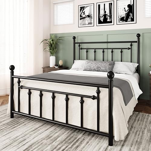 Allewie 14'' Queen Size Metal Platform Bed Frame, Vintage Headboard, Black