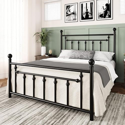 Allewie 14'' Queen Size Metal Platform Bed Frame, Vintage Headboard, Black