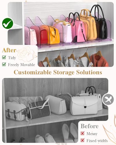 SURETIVIAN Rose Purse Dividers for Closet, 2 Pack Clear Clutch Purse Closet Organizers, Adjustable Handbag Storage Organizers, Plastic Bookshelf Separator Dividers for Bedroom Office