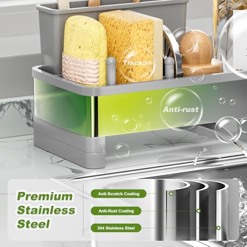 Ewaiira Stainless Steel Sink Caddy, Sponge Holder for Kitchen Sink 9.8″ | with Brush Holder Dishcloth Rack, Rustproof Sink Organizer Countertop, Soap Kitchen Organizers Storage Essentials, Gray