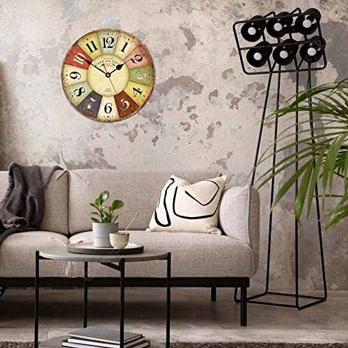 VIKMARI Rustic Wooden Silent Wall Clock Decor 14 in Colorful Arab Numerals | Battery Operated Retro French Country Style Wall Clocks for Kitchen,Living Room,Bathroom,Bedroom