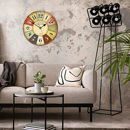 VIKMARI Rustic Wooden Silent Wall Clock Decor 14 in Colorful Arab Numerals | Battery Operated Retro French Country Style Wall Clocks for Kitchen,Living Room,Bathroom,Bedroom
