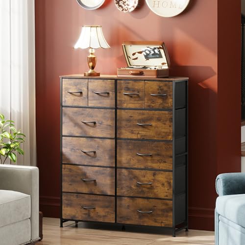 WLIVE 12 Drawer Tall Fabric Dresser Bedroom Storage Chest, Rustic Brown | 12-drawer tall fabric dresser with wood top and steel frame, P2 grade board, ideal for bedroom closet living room storage
