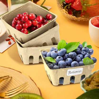 50 Pack Natural Pulp Fiber Berry Baskets with Blank Label for Vegetables Strawberry Blueberry Raspberry Egg, Farmer Market Produce Basket Containers Grocery Store Supplies Fruit Stand Supplies