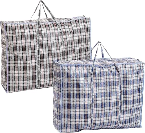 Laundry Bags Set of 2 Large Plastic Checkered Storage Laundry Shopping Bags with Zipper and Handles! Great for Travel,Laundry,Shopping,Storage,Moving. Multicolor