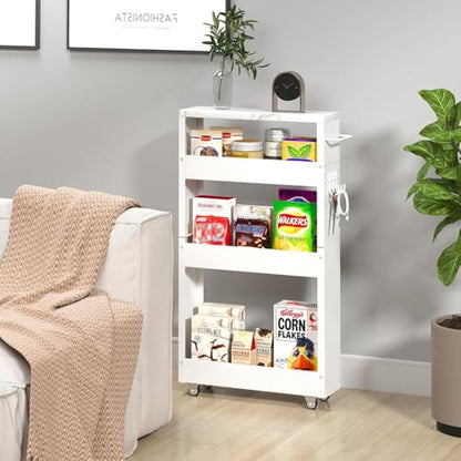 XYZLVSI Slim Storage Cart, 4 Tier Narrow Kitchen Rolling Cart with Wheels | 5.1" W narrow shelf for small spaces, 13" bottom metal utility cart with handle for bathroom/laundry, skinny storage cart