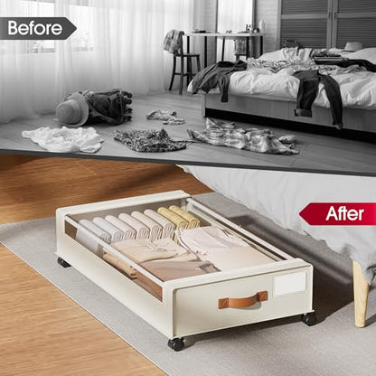 Yecaye Under Bed Storage with Wheels, 2 Pack Under Bed Storage Containers, 60L Underbed Shoe Storage with Clear Window & Label, Rolling Under Bed Metal Drawer for Clothes, Shoes, Books, Blankets