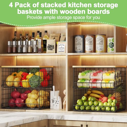 4 Pack Stackable Wire Baskets for Pantry Organizer... (Natural | Metal Wood)