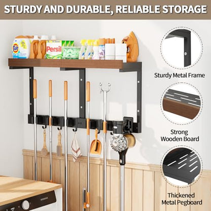 Broom and Mop Organizer Wall Hanging, Broom Hanger Holder Wall Mount | 3-in-1 mop and broom holder wall mount with 5 racks,5 hooks, storage shelf & vacuum organizer for garage,kitchen,laundry room