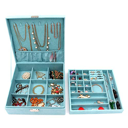 Two-Layer lint Jewelry Box Organizer Display Storage case with Lock (Blue)
