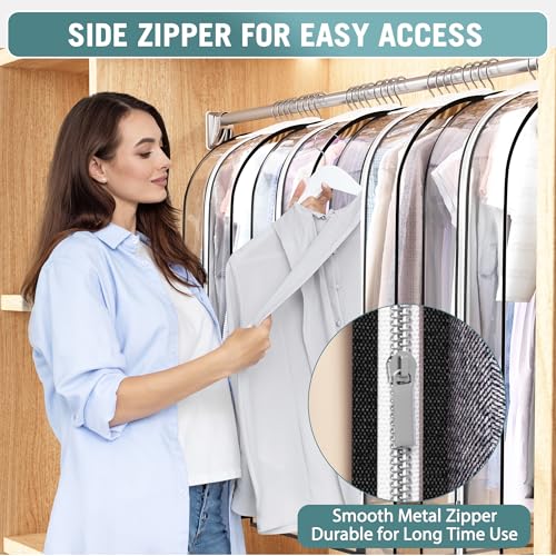 Liuoud Clear Garment Bags for Hanging Clothes 10” Gusseted, 4 Pack, 40” | Suit Bags for Closet Storage with Large Metal Zipper, Breathable odorless Hanging Plastic Clothes Cover for Coat Dress Fur