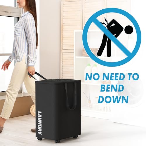 Simple Houseware Large 82L Laundry Basket with Wheels and Handles, Black | Collapsible Waterproof Hamper with Mesh Cover