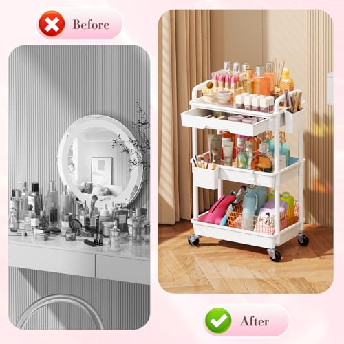 SUNALLY Makeup Cart Organizer with Drawer,3 Tier Rolling Makeup Cart, White | Rolling Vanity Storage for Skin Care Perfume Nail Polish, Floor Skincare Organizers Cosmetics Display Bathroom Storage Cart